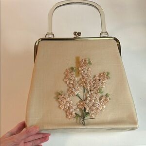 1950’s whimsical cream colored purse with clear vinyl covering